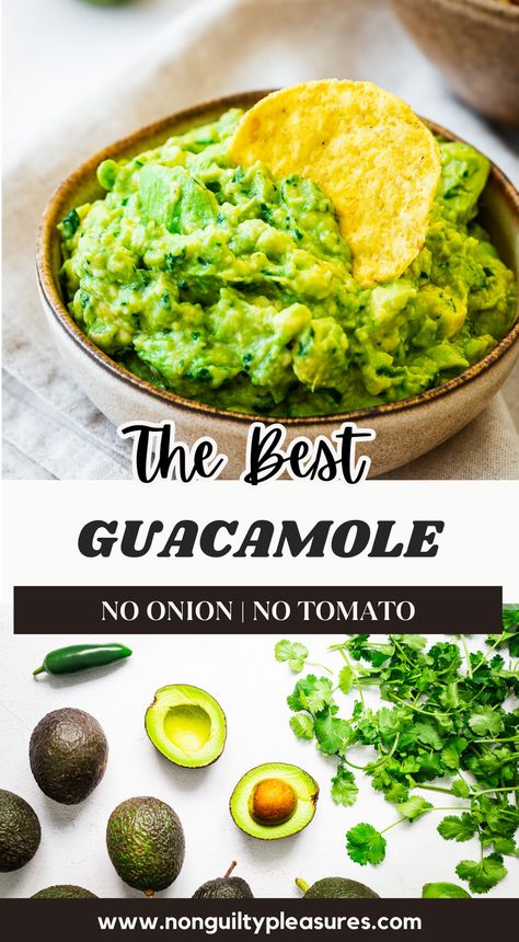 This zesty guacamole recipe is perfect for those who don't like onions or tomatoes in their avocado dip. With just a few fresh ingredients like ripe avocados, cilantro, green chile, and lime juice, you can make a delicious and creamy guacamole. This dip is so easy to make and is a hit at parties and gatherings. So, grab a bowl of tortilla chips and enjoy the best guacamole recipe with no onion and no tomato as a delicious party snack! Guacamole Recipe Easy No Tomato, Vegan Guacamole Recipe, Guacamole Recipe No Onion, Easy Guacamole Recipe Simple, Homemade Guacamole Recipe Easy, Guacamole Recipe No Tomato, Guacamole Recipe Without Cilantro, Color Party Food Ideas, Yummy Guacamole Recipe