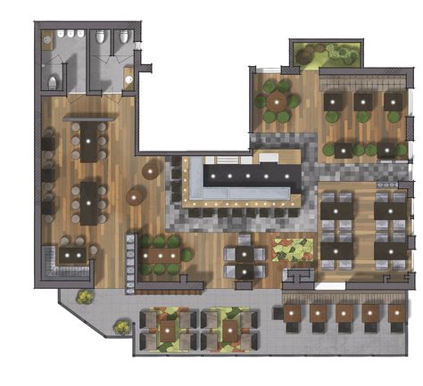 Color 2D Graphics Floor Plans. Starbucks Floor Plan Layout, Restraunt Floor Plan, 2 Floor Restaurant Design, Sims Restaurant Layout, 2d Restaurant Design, Restaurant Architecture Concept, Restaurant Layout Ideas, Sims 4 Restaurant Layout, Small Restaurant Design Layout