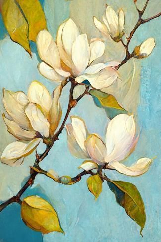 size: 18x12in Art Print: Magnolias Bloom by Avril Anouilh : Paintings Of Magnolias, Giant Flower Painting, Neutral Flower Painting, Magnolia Flower Painting Acrylics, Acrylic Painted Flowers, Magnolia Tree Painting, Magnolias Painting, Magnolia Flower Arrangement, Magnolia Flower Painting