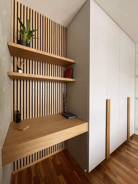 Bedroom Closet And Desk, Small Bedroom Ideas With Wardrobe And Desk, Closet Designs With Desk, Fitted Wardrobe And Desk, Wardrobe And Desk Combo, Wardrobe Office Room, Desk Between Wardrobes, Wooden Theme Living Room, Fitted Wardrobe With Desk