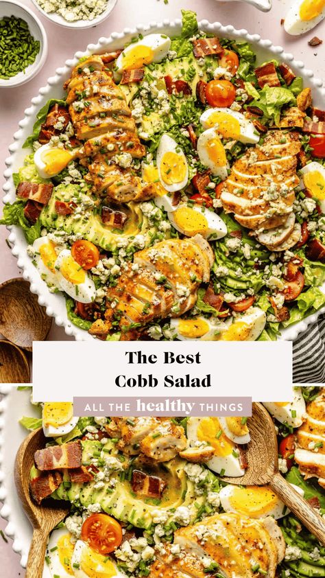 This Cobb Salad recipe is big, full of flavor, and absolutely delicious. Crunchy veggies, tender chicken, salty bacon, and a homemade vinaigrette dressing come together to create a filling, nutritious salad everyone will love! Best Cobb Salad, Homemade Vinaigrette Dressing, Cobb Salad Ingredients, Homemade Vinaigrette, Crunchy Veggies, Cobb Salad Recipe, Healthy Easter, Roasted Butternut Squash Soup, Healthy Dinner Recipe