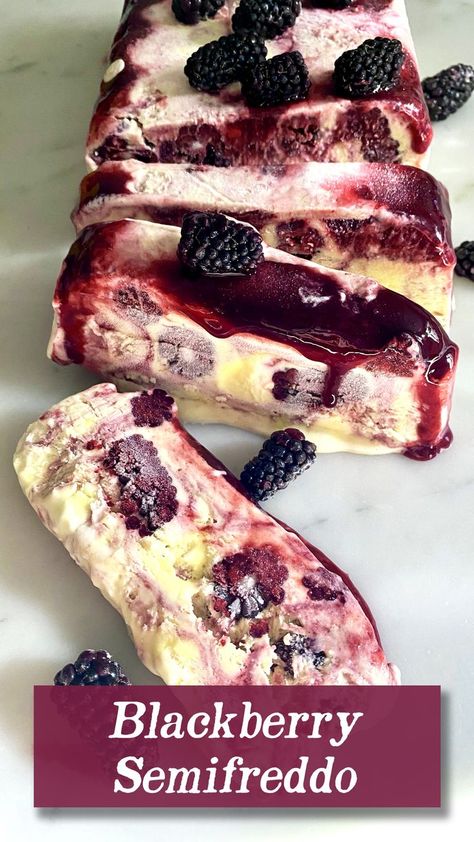 This is a gorgeous Blackberry Semifreddo is fancier than a popsicle, but faster and easier to make than ice cream. Semifreddo (meaning “half-frozen”) is a silky, creamy Italian dessert that really makes the most of Oregon’s best berry and you don’t even need an ice cream maker — it comes together in a regular metal loaf pan. Frozen Blackberry Recipes, Frozen Blackberry Recipes Easy, Blackberry Raspberry Recipes, Blackberry Lemon Ice Cream Pioneer Woman, Blackberry Recipes Easy, Blueberry Semifreddo, Blackberry Cobbler Ice Cream, Smoothie Bowl Toppings, Semifreddo Recipe