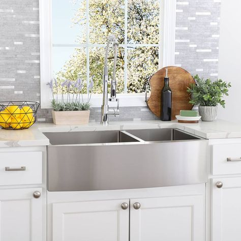 Double Apron Sink, Stainless Steel Apron Front Sink, Farm Sink Kitchen, Stainless Apron Sink, Stainless Steel Apron Sink, Cast Iron Kitchen Sinks, Coastal Kitchens, Stainless Steel Farmhouse Sink, White Farmhouse Sink