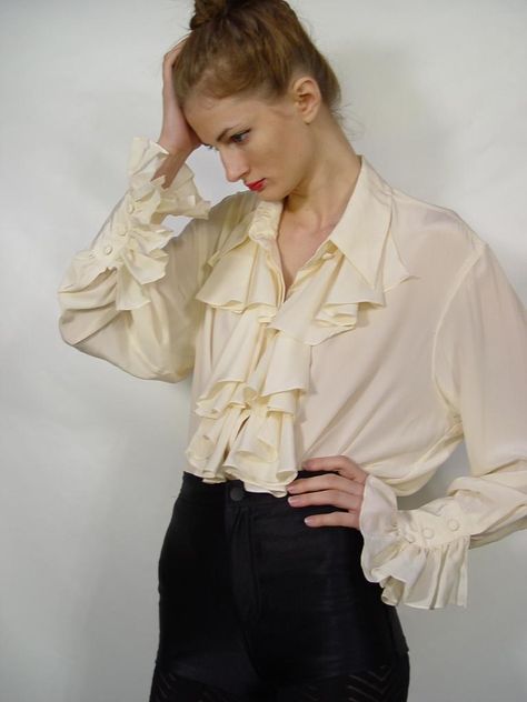 Diane Von Furstenberg Cream Silk Ruffle Poet Blouse 6 | Flickr Blouse Drawing Reference, Poet Costume, Julian Devorak Aesthetic, Blouse Reference, Vampire Blouse, Poet Dress, Sweater Inspiration, Vampire Cosplay, Julian Devorak