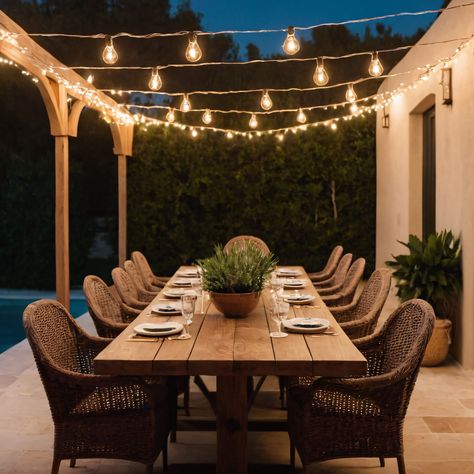 ⚠️LINK IN BIO⚠️ An inviting Mediterranean-inspired outdoor dining area with a long wooden table, wicker chairs, and string lights for a charming evening setting. #OutdoorDining #Mediterranean #WoodenTable #WickerChairs #StringLights Outdoor Long Table Dinner, Outside Dining Area Covered Patios, Deck With Dining And Seating Area, Outside Dining Area Ideas, Outdoor Dining Decorating Ideas, Backyard Dinner Table, Outside Table Ideas, Italian Outdoor Dining, Long Outdoor Dining Table