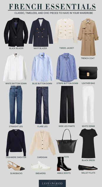 French wardrobe essentials to have in your closet. Classic, timeless, and chic pieces to wear season after season. These are the hero pieces of a French wardrobe. Simple and basic pieces to own. French Wardrobe Essentials, French Wardrobe Basics, Parisian Wardrobe, French Capsule Wardrobe, Parisian Outfits, Capsule Wardrobe Women, Capsule Wardrobe Casual, French Wardrobe, French Women Style