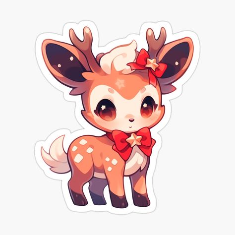 Kawaii Deer Drawing, Deer Drawing Cute, Deer Cute Drawing, Cute Reindeer Drawing, Cute Deer Drawing, Deer Kawaii, Cute Christmas Stickers, Christmas Chibi, Reindeer Cute