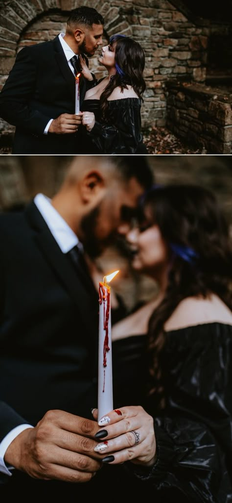 Halloween Wedding Pictures, Goth Engagement Pictures, Fall Wedding Photoshoot, Gothic Family Photos, Halloween Wedding Photoshoot, Halloween Anniversary Pictures, Goth Family Photoshoot, Dark Romantic Photography, Halloween Wedding Picture Ideas