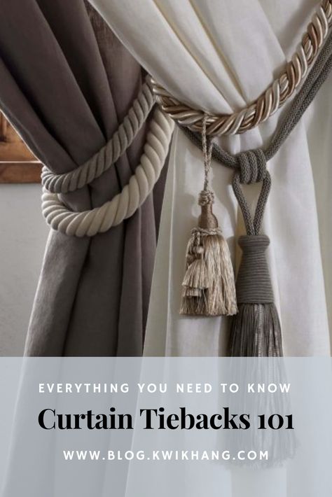 What are curtain tiebacks? How do you tie a curtain tieback? How do you make your own DIY curtain tiebacks? Our guide covers all the answers to your curtain tieback questions! For more curtain tips, curtain inspiration and home decor ideas, visit us at www.kwikhang.com. Curtain Tie Backs How To Hang, Curtain Tassels Ideas, Tassels On Curtains, Drapery Tie Back Ideas, How To Tie Back Curtains Ideas, Curtain Holdbacks Placement, Curtain Drapes Ideas, Curtain Tiebacks Ideas, Curtain Pull Back Ideas