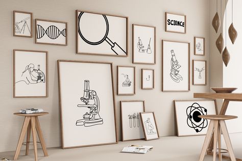 Science Gallery Set 15 Drawing, Chemistry Office Decoration, Minimalist Line Art Print, Microscope Poster, Laboratory Digital File Biology Science Boys Room, Drawing Chemistry, Biology Classroom Decorations, Microscope Poster, Science Bedroom Decor, Science Room Decor, Science Art Drawings, Science Bedroom, Science Gallery