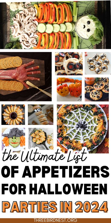 Monster Munchies: Ultimate Halloween Appetizers for a Haunted Feast - This Little Nest HALLOWEEN APPETIZERS -- The Ultimate list of Halloween Appetizers for your Adult Halloween Party. Make is a Spooky event no one will ever forget! The best Halloween appetizers, Halloween party food, Halloween finger foods, best Halloween party food ideas. Halloween Party Food Items, Halloween Cookout Food, Appetizer Recipes For Halloween Party, Asylum Halloween Party Food, Orange Foods For Halloween, Halloween Party App Ideas, Halloween Entertaining Food, Halloween Party Appiterzers, Halloween Taquitos