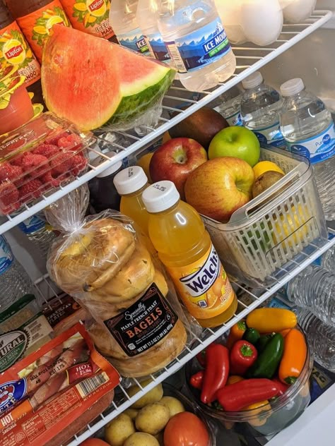 Fridge Filled With Food, Food In Fridge Aesthetic, Full Refrigerator Food, Food Stuff In Fridge, Fridge Goals Snacks, Packed Fridge, Stocked Fridge Goals, Stocked Mini Fridge, Healthy Fridge Goals