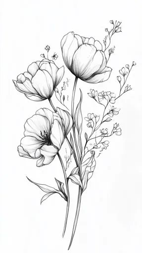 ↑↑↑ Larger size on website 🔸 A black and white line drawing of a delicate bouquet of flowers. The flowers are drawn with intricat Delicate Flowers Drawing, Black And White Flower Illustration, Pen And Ink Flowers Drawings, Flower Line Art Drawings, Flower Line Drawing Botanical Illustration, Botanical Drawings Black And White, Line Work Flowers, Ink Flower Drawing, Drawn Flower Bouquet