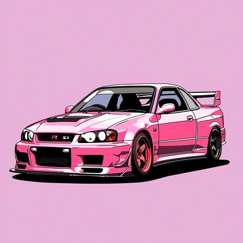 Pink Skyline R34, Nissan Skyline R34 Pink, Pink Car Drawing, Skyline Concept Art, Pink Jdm Wallpaper, Pink Car Icon, Car Icon Aesthetic, Pink Cars Wallpaper, Pink Jdm