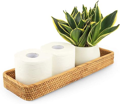 Amazon.com: CELEZAR Rattan Toilet Tank Basket Woven Guest Towel Holder Decorative Wicker Tray 17" x 6" x 2" for Serving Bread or Shelves Bathroom Counter Organizers and Storage (17 x 6 x 2 inches, Honey Brown) : Home & Kitchen Bread Shelves, Toilet Tank Basket, Bathroom Counter Storage, Bathroom Counter Organization, Bathroom Trays, Guest Towel Holder, Bathroom Vanity Tray, Counter Organization, Shelves Bathroom