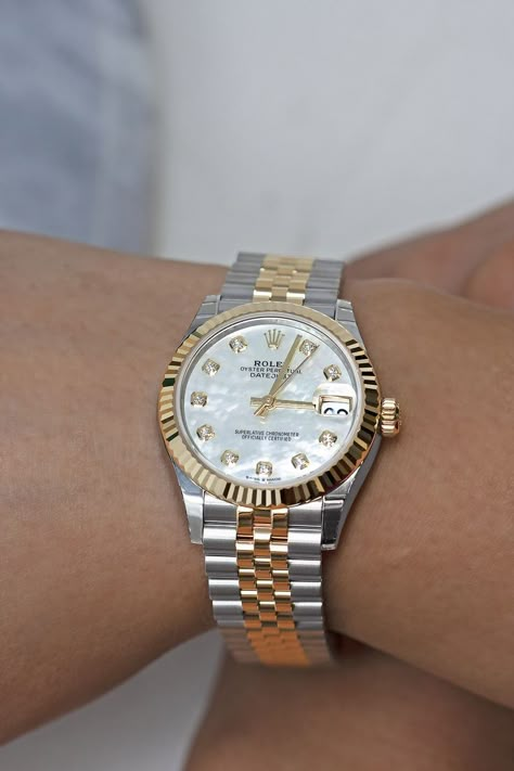 Rolex Datejust Mother of Pearl diamond dial, two-tone jubilee bracelet, fluted bezel. Women Two Tone Watch, Rolex Datejust Mother Of Pearl, Daydate Rolex Women, Classic Rolex Women, Silver And Gold Rolex Women, Date Just Rolex Women, Woman’s Rolex Watch, Women’s Rolex Datejust, 26mm Rolex On Wrist