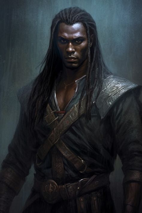 Dark Skin Character Art, Black Fantasy Male, Black Fantasy Aesthetic, Dark Fantasy Male, Black Male Character Design, Pathfinder Character, Black God, Pirate Art, Character Inspiration Male