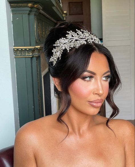 Diamond Headpiece Wedding, Updo Headband Wedding, Updos With Hair Pieces Bridal Headpieces, Wedding Hairstyles Updo With Headpiece, Bride Updo Hairstyles With Hair Piece, Bridal Updo With Headpiece And Veil, Bridal Bun And Veil, Bridal Hair Pieces Updo, Bridal Hair Gems