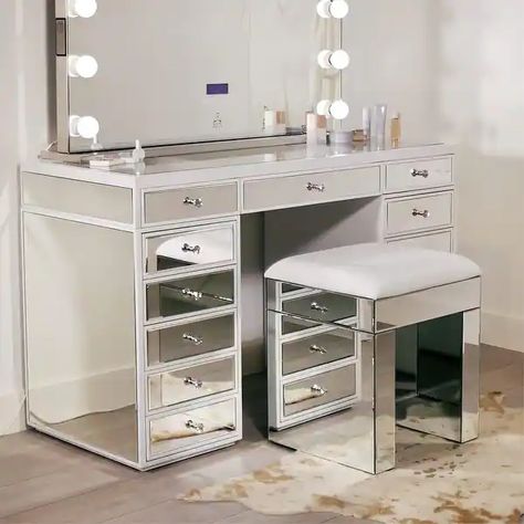 Fancy Vanity Ideas, Mirrored Makeup Vanity, Clear Top Vanity, Small Room Vanity, Small Powder Bathroom Ideas, Room House Design, Powder Bathroom Ideas, House Decor Interior Design, Unique Dresser