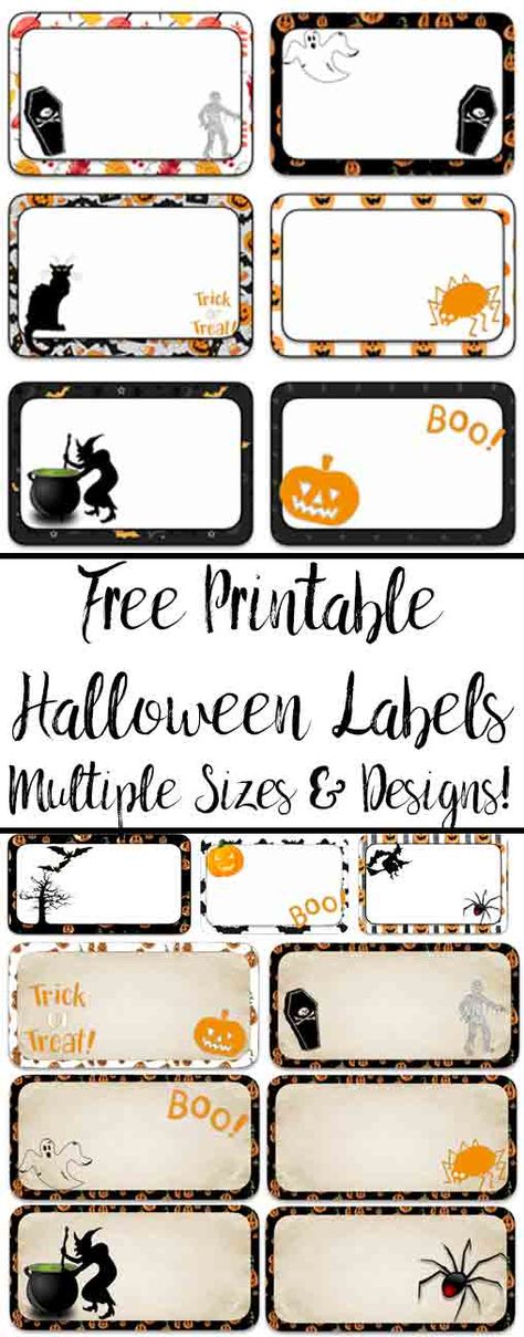 Free Printable Halloween Labels. Multiple sizes (2" x 1"; 3" x 1 &1/2"; and 3" x 2"), multiple designs. Great for labeling food, drinks, favors, etc. Halloween Party Food Labels Printable, Free Halloween Food Labels Printables, Halloween Food Labels Printable, Halloween Food Tags, Halloween Food Labels, Halloween Labels Free, Printables Organizational, Printable Food Labels, Halloween Labels Printable