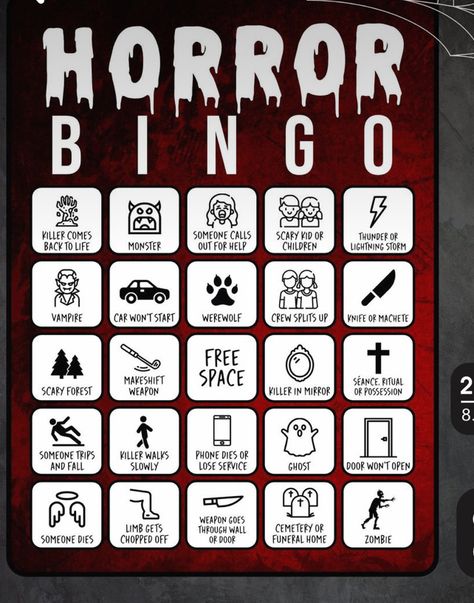 Horror Movie Games, Horror Movie Bingo, Horror Game Ideas, Bingo Movie, Movie Bingo, Friday The 13th Games, Girls Birthday Party Games, Halloween Ideias, Scary Movie Night