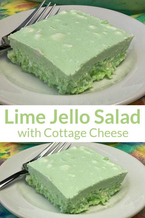 Collage of Lime Jello Salad with Cottage Cheese on a plate Lime Green Jello Salad Cottage Cheese, Lime Jello Salad With Cottage Cheese, Congealed Salad Recipes Simple, Lime Jello Salad With Cream Cheese, Lemon Lime Jello Salad, Lime Jello Salad Recipes, Beef Srew, Jello Salad With Cottage Cheese, Jello Salad With Cream Cheese