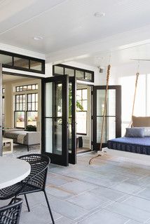 Transitional Sunroom, Contemporary Sunroom, Deck Doors, Doors To Deck, French Doors To Deck, French Doors Living Room, French Doors Design, Black French Doors, Wedding Backyard Ideas