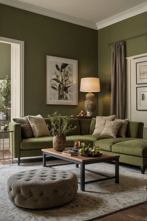 Get ready to be inspired by the timeless elegance of Ripe Olive (SW 6209) as we bring you the ultimate interior designer routine for 2024. #Ad #homedecor #homedesign #wallpaints2024 #Painthome #interiorarchitecture Wall Colors Green Living Room Colors Bright Living Room Colors Apartment Renovation Living room Remodeling Modern Paint Colors 2024 House Interior Living Room Colors, Olive Green Lounge Room, Olive Green Mustard Yellow Living Rooms, Olive Green Walls Living Room Decor, Moss Green Home Decor, Sage Green And Gold Living Room Ideas, Green Wall Paint Living Room, Living Room Wall Color Green, Moss Green Living Room Ideas