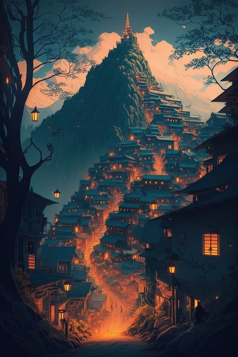 Hut Village Concept Art, Village Built Into Mountain, Ancient Village Concept Art, Fantasy Mountain City Concept Art, Volcano Village Fantasy Art, Mountain House Fantasy Art, City Inside Mountain Concept Art, Mountain Town Fantasy Art, Fantasy Location Inspiration