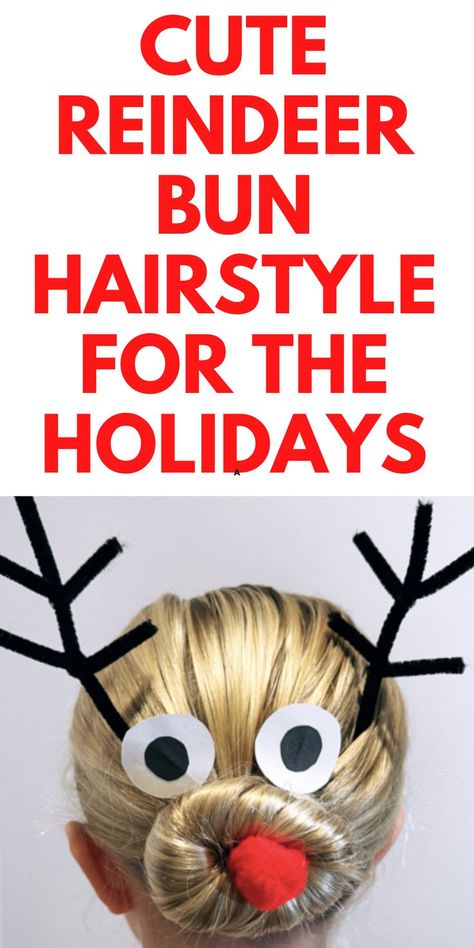 Reindeer Bun Hairstyle: Looking for a cute Christmas hairstyle? Here is an adorable bun hair tutorial for kids. This is a holiday hairstyle you will love. Reindeer Hairstyle, Reindeer Hair Bun, Reindeer Hair, Christmas Hair Ideas, Holiday Hairstyles Easy, Thanksgiving Hairstyles, Rudolph Red Nose, Dress Up Days, Color Extensions