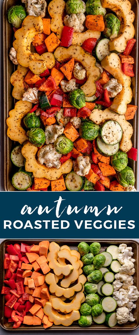 Simply, healthy, and easy roasted vegetables featuring your favorite fall veggies - acorn squash, sweet potatoes, cauliflower, brussels sprouts, and bell peppers. Fall Roasted Vegetables, Acorn Squash Sweet, Roasted Fall Vegetables, Easy Roasted Vegetables, Fall Veggies, Acorn Squash Recipes, Roasted Vegetable Recipes, Acorn Squash, Veggie Side Dishes