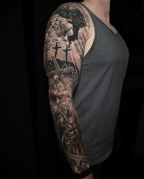 Cross Half Sleeve Tattoo Men, Christian Full Sleeve Tattoo Men, Christian Half Sleeve Tattoo, Christian Warrior Tattoos For Men, Jesus Sleeve Tattoo Men, Christian Leg Sleeve Tattoos, Christian Tattoo Sleeve Ideas For Men, Christian Shoulder Tattoo, Holy Tattoos For Men