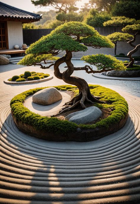 31 Gorgeous Rock Garden Ideas For Your Outdoor Oasis Front Yard Zen Garden Landscaping Ideas, Japanese Gravel Garden, Garden Trees Ideas, Bonsai Garden Ideas, Japan Garden Design, Japanese Rock Garden Ideas, Bonsai Garden Landscaping, Circular Garden Design, Zen Garden Backyard