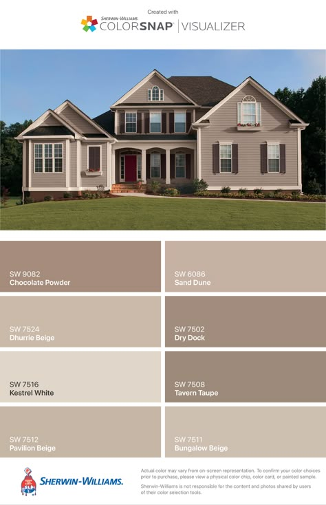 Brown Facade House, Color Theme For House Exterior, Brown And Beige Exterior House Colors, Brown Paint Exterior House, Pink Beige Exterior House, Beige House Paint Exterior, Earth Tones Exterior House Colors, Tan Colored Houses Exterior, Outdoor Colors For House Exterior Paint