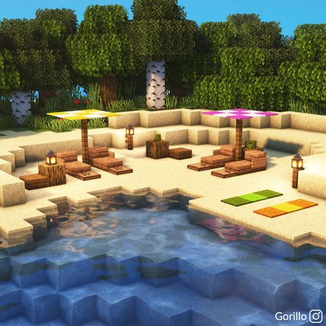 Minecraft Beach House Decor, Minecraft Building Ideas Camping, Beach House Ideas Minecraft, Outdoor Patio Ideas Minecraft, Minecraft Beach Building Ideas, Beach In Minecraft, Minecraft Beach Terraforming, Beach Decor Minecraft, Minecraft Beach Path