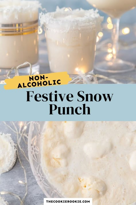 Snowman Punch Drink, Snow Ball Punch, Non Alcoholic Punch For Christmas, Snowball Punch Recipe, Xmas Punch For Kids, Christmas Punch Ideas Non Alcoholic, Punch Recipes Non Alcoholic Christmas, Grinch Punch Without Sherbert, Christmas Morning Drinks Non Alcoholic