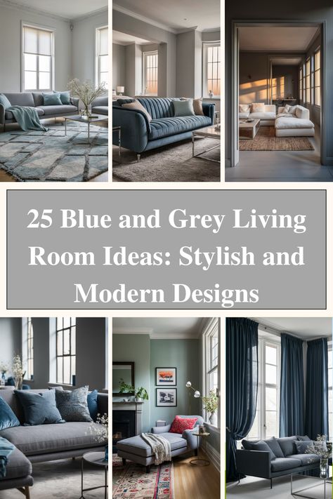 Discover 25 stunning blue and grey living room ideas! 🛋️🔵 Blend cool sophistication with cozy comfort in this timeless color combo. From navy accents to soft slate tones, find the perfect balance for your space. Explore chic furniture pairings, stylish accessories, and clever design tricks to create a serene yet vibrant atmosphere. Transform your living room into a magazine-worthy retreat with these inspiring ideas! #BlueAndGreyDecor #LivingRoomInspo #InteriorDesign #ColorScheme White Grey And Navy Living Room, Blue And Grey Living Room For Men, Blue Accent Wall Gray Couch, Blue And Grey Lounge Ideas, Steel Blue Living Room Decor, Navy Blue Cream Gray Living Room, Charcoal And Navy Living Room, Blue Walls Gray Couch, Blue Grey Carpet Living Room