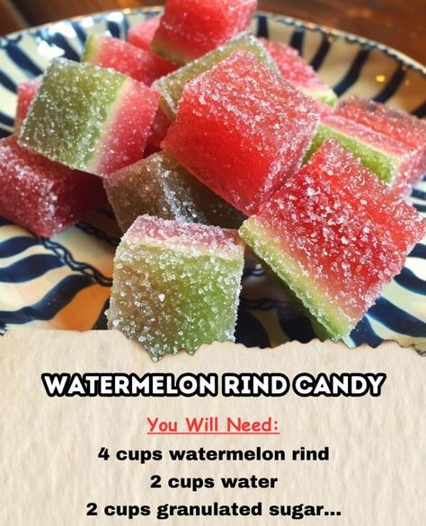 Watermelon Rind Candy is a hit with my kids! It's a fun, frugal recipe that saves money and reduces waste. My whole family, including my husband, loves it!  Ingredients: - 4 cups watermelon rind, peeled and cut into 1-inch cubes - 2 cups water - 2 cups granulated sugar - Juice of 1 lemon - 1 teaspoon lemon zest (optional) - 1/2 teaspoon vanilla extract (optional)  Instructions: 1. In a large pot, combine the watermelon rind cubes and water. Bring to a boil over medium-high heat, then reduce the heat to low and let it simmer for about 10 minutes until the rinds are tender. 2. Drain the watermelon rind cubes and set them aside. 3. In the same pot, combine the granulated sugar, lemon juice, and lemon zest (if using). Stir until the sugar dissolves. 4. Add the cooked watermelon rind cubes back Candied Watermelon Rind Recipe, Watermelon Rind Candy Recipe, Candied Watermelon, Watermelon Rind Recipes, Candied Fruit Recipes, Hard Candy Recipes, February Quotes, Gummies Recipe, Kid Foods