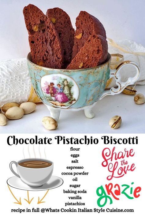 Chocolate Pistachio Biscotti | What's Cookin' Italian Style Cuisine Biscotti Recipe Italian, Chocolate Expresso, Best Cookie Recipe Ever, Italian American Food, Pistachio Biscotti, Cup Of Espresso, Chocolate Pistachio, Easy Italian Recipes, Mouse A Cookie