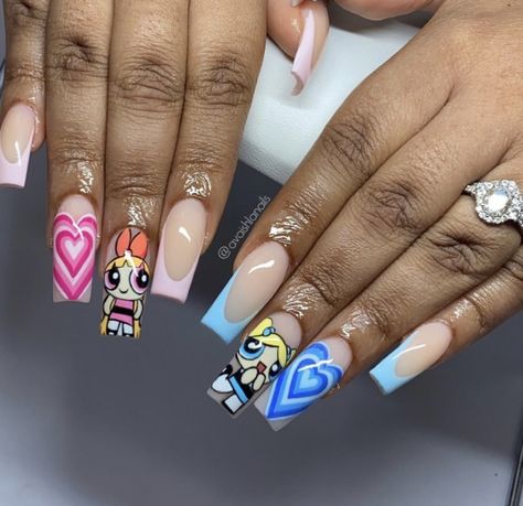 Powerpuff Girls Nails Acrylic, Powerpuff Girls Nail Art, Tv Nails, Acrylic Bubbles, Blossom Buttercup Bubbles, Nail Shapes And Lengths, Blossom Powerpuff, Buttercup Powerpuff, Bubbles Powerpuff