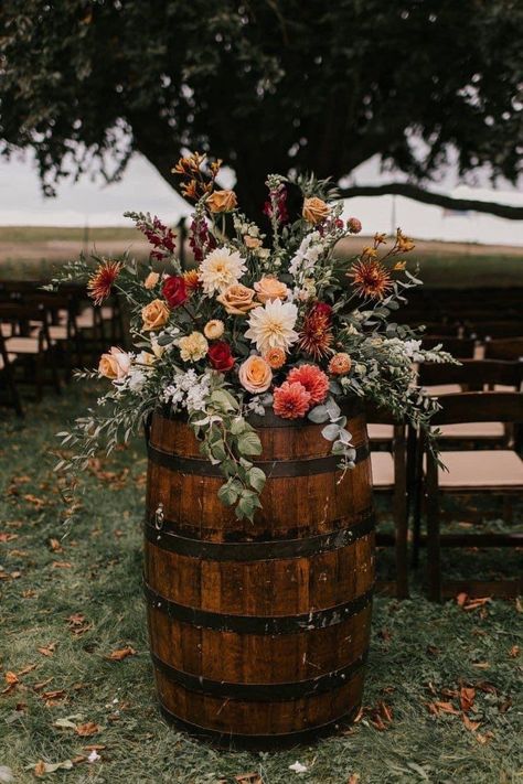 Winery Wedding Ceremony, Greenery Floral Arrangement, Stonington Connecticut, Barrel Wedding, Country Western Wedding, Western Themed Wedding, Wedding Ceremony Decor, Barrel Decor, Deco Champetre