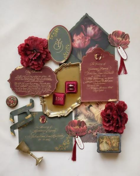 All posts • Instagram Dark Green Maroon Wedding, Wine Red And Green Wedding, Gold Details Wedding, Moody Wedding Theme Ideas, Maroon Summer Wedding, Maroon Emerald Wedding, Creative Wedding Themes, Spring Palette Wedding, Stationary Wedding Invitations