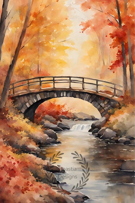 Step into the enchanting world of autumn with this breathtaking watercolor masterpiece. This captivating scene features a picturesque forest bridge, gracefully spanning a tranquil stream. What makes this artwork truly exceptional is the magnificent transformation of the surrounding trees, bathed in the fiery and vibrant colors of fall.In this watercolor painting, the forest bridge beckons you to cross into the heart of autumn's magic. Acrylic Paintings Autumn, Bridge Watercolor Painting, Bridge Landscape Painting, Fall Themed Watercolors, Fall Forest Drawing, Watercolor Painting Fall, Autumn Forest Watercolor, Fall Paintings Watercolor, Fall Painting Watercolor