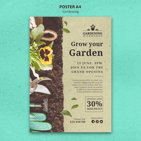 Free PSD gardening poster template desig... | Free Psd #Freepik #freepsd #garden-flyer #garden-poster #gardening #gardening-gardener Garden Flyer Design, Gardening Graphic Design, Pamplet Layout Design, Garden Graphic Design, Gardening Poster, Gardening Infographic, Workshop Poster, Gardening Magazine, Garden Graphic