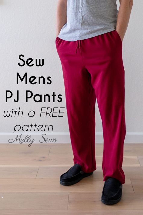 Make lounge pants with this free mens pajama sewing pattern and sewing tutorial. The DIY instructions include video for beginners. Pajama Pants Pattern Free, Pajama Pants Pattern, Pants Pattern Free, Melly Sews, Mens Pajama, Pyjama Pants, Mens Lounge Pants, Sewing Templates, Pajama Pattern