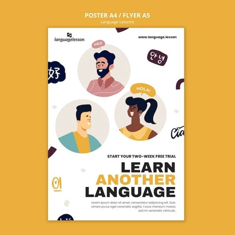 Free PSD flat design language learning t... | Free Psd #Freepik #freepsd #learning-poster #language-education #language-course #language-school Poster Ads Design Ideas, Language Book Cover Design, Language Course Poster Design, Poster Education Design, English Course Poster Design, Education Instagram Post, Language Learning Template, Course Poster Design, Class Poster Design