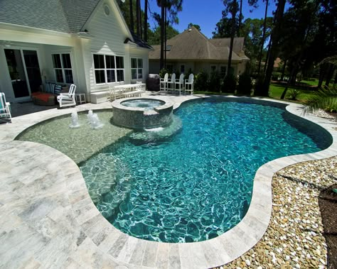 Free Form Pool Landscaping, Free Form Pool Designs, Freeform Pool Designs With Tanning Ledge, Simple Pool Ideas, Pool And Hot Tub Backyard, Rectangle Pool With Spa, Pool With Retaining Wall, Knife Edge Pool, Simple Backyard Pool Designs