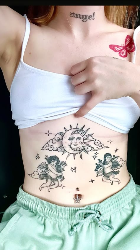 cherubs. sun and moon. tattoo. 🌞🌛👼🏼 Moon Belly Tattoo, Sun Throat Tattoo, Sun Stomach Tattoo, Moon Stomach Tattoo, Sun And Moon Chest Tattoo, Sun Chest Tattoo, Sun And Moon Sternum Tattoo, Moon Chest Tattoo, Tattoo Sol E Lua