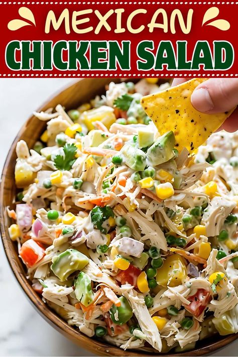 This mouthwatering Mexican chicken salad combines tender chicken with creamy avocado, a medley of colorful veggies, and zesty jalapeño-lime dressing. Zupas Bbq Chicken Salad, Chicken Salad With Cilantro, Tasty Chicken Salad Recipes, Best Way To Cook Chicken For Salads, Mexican Chicken Salad Recipe With Cilantro Lime Crema, Chicken Tossed Salad Recipe, Chicken Salad Platter Ideas, Taco Chicken Salad Recipe, Recipes For Chicken Salad