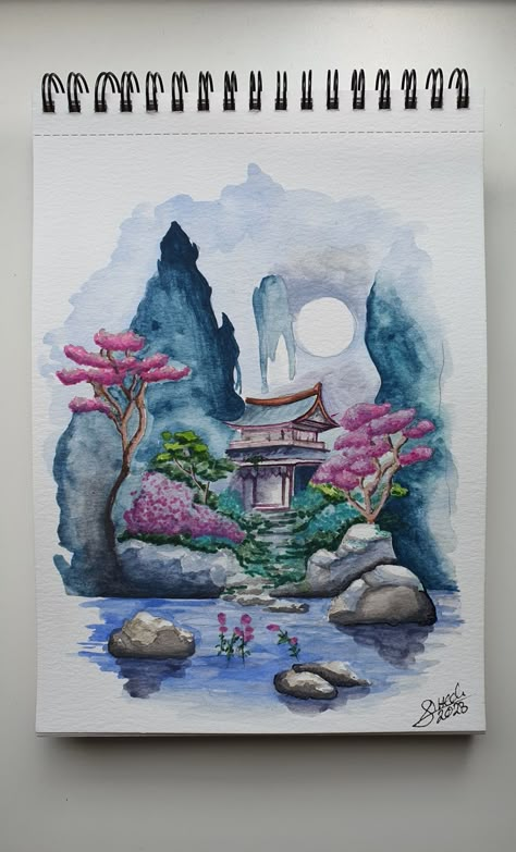 Asian art, japanese art, watercolor, painting, drawing, watercolor painting, landscape Japan Aesthetic Drawing Easy, Korean Landscape Drawing, Traditional Japanese Watercolor, Watercolor Painting Landscape Easy, Painting Ideas Japan, Beautiful Places Drawing, Water Colour Pencils Drawings, Japan Landscape Painting, Sketchbook Ideas Landscape